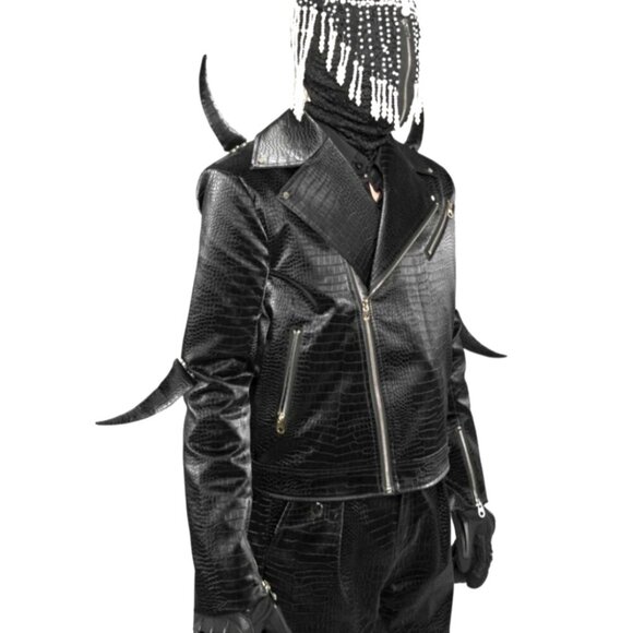 Men's Crocodile Pattern Vegan Leather Jacket with Magnetic Horns -NWT size S - Picture 1 of 8
